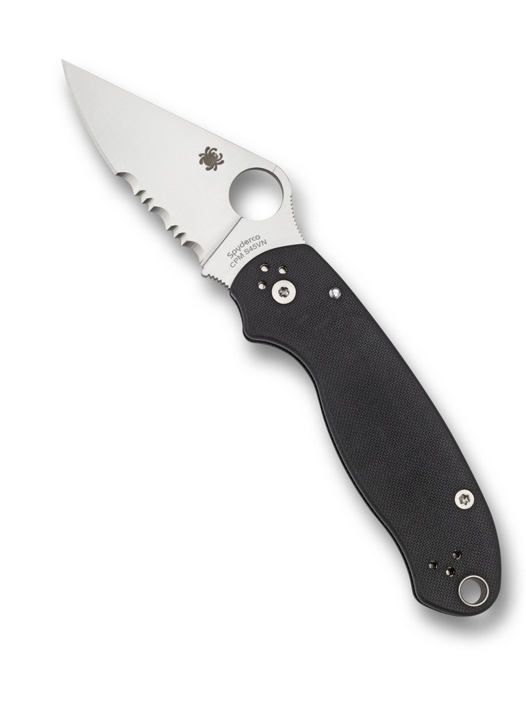 Spyderco Para 3 folding knife with thumb hole - shown open presentation side.  Satin S45VN stainless steel combo edge blade.  Black G-10 handle.  Model C223GPS.
