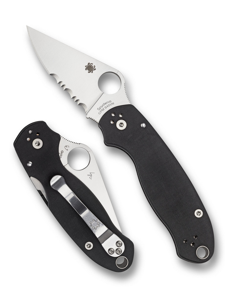Spyderco Para 3 folding knife with thumb hole - shown open presentation side and closed pocket clip side.  Satin S45VN stainless steel combo edge blade.  Black G-10 handle.  Model C223GPS.