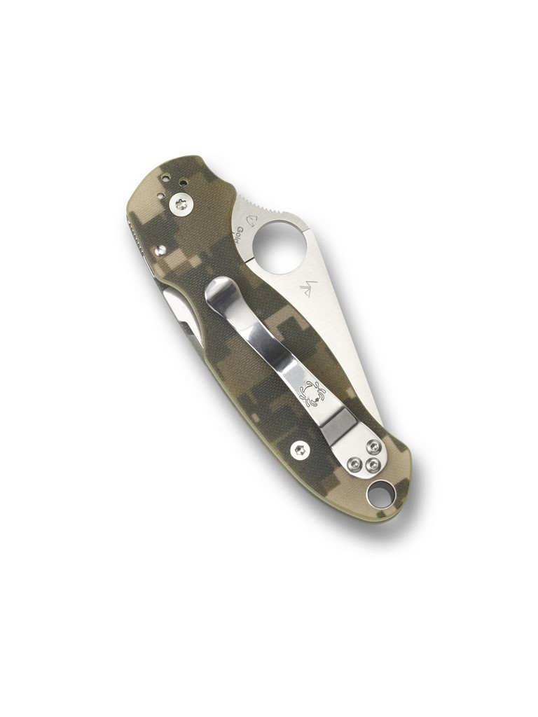 Spyderco Para 3 folding knife with thumb hole - shown closed pocket clip side.  Satin S45VN stainless steel plain edge blade. Digi Camo G-10 handle.  Model C223GPCMO.