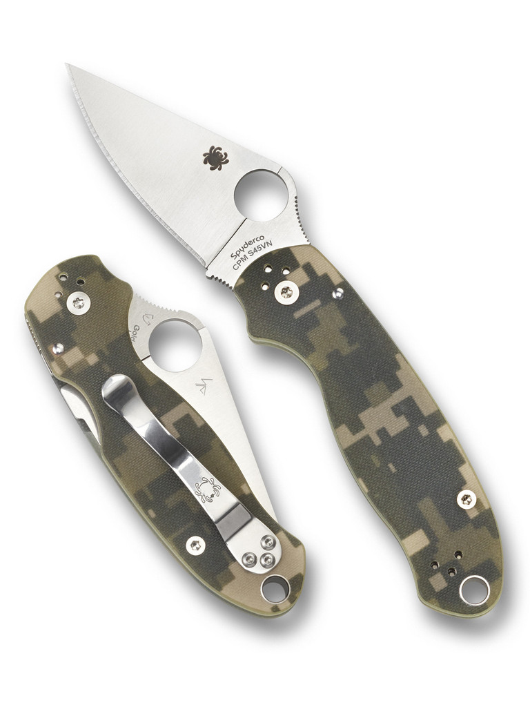 Spyderco Para 3 folding knife with thumb hole - shown open presentation side and closed pocket clip side.  Satin S45VN stainless steel plain edge blade. Digi Camo G-10 handle.  Model C223GPCMO.