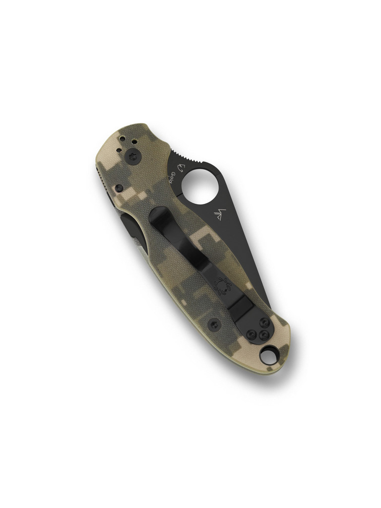 Spyderco Para 3 folding knife with thumb hole - shown closed pocket clip side.  Black S45VN stainless steel plain edge blade.  Digi Camo G-10 handle.  Model C223GPCMOBK.