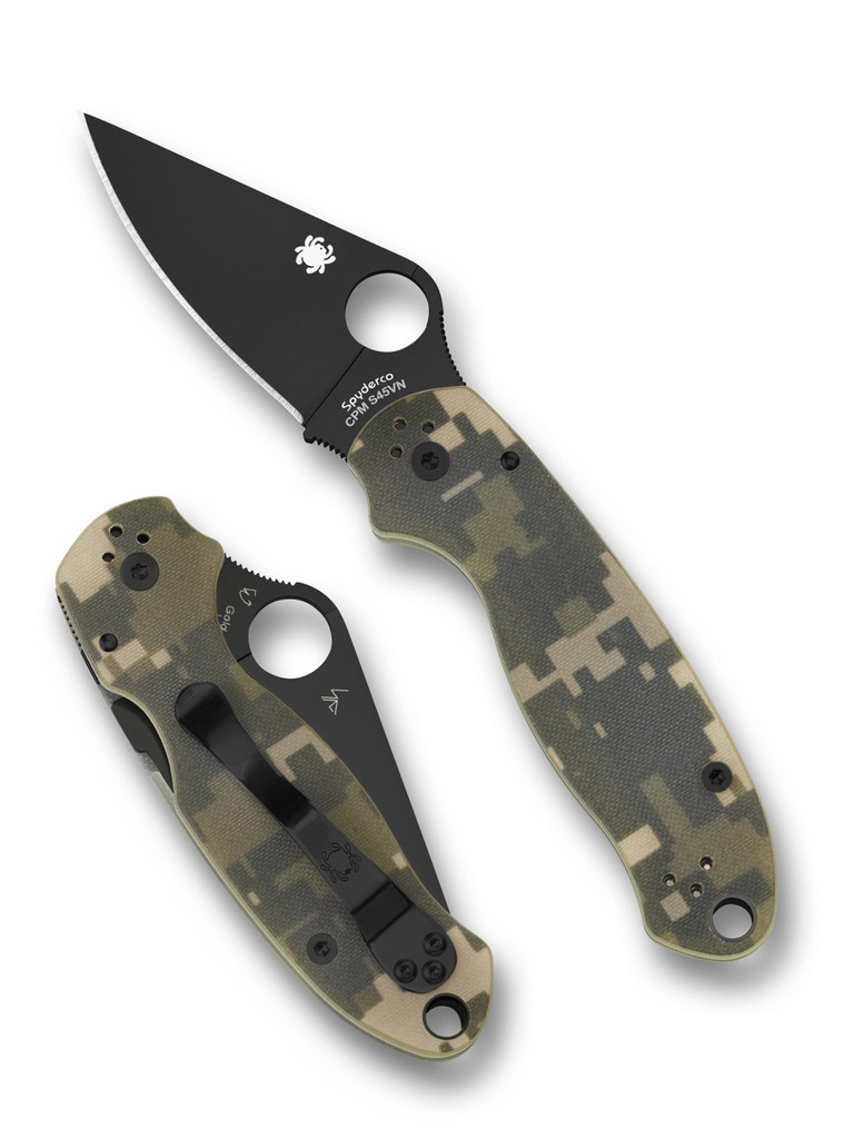 Spyderco Para 3 folding knife with thumb hole - shown open presentation side and closed pocket clip side.  Black S45VN stainless steel plain edge blade.  Digi Camo G-10 handle.  Model C223GPCMOBK.
