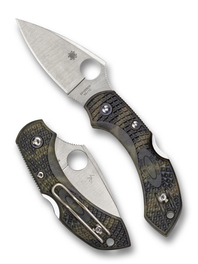 Spyderco Dragonfly 2 folding knife with thumb hole - shown open presentation side and closed pocket clip side.  Satin VG-10 stainless steel plain edge blade.  Zome Green FRN handle.  Model C28ZFPGR2.
