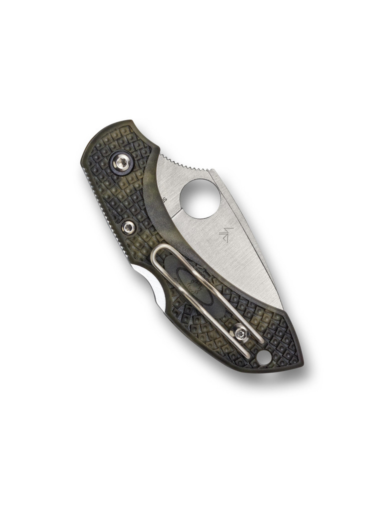 Spyderco Dragonfly 2 folding knife with thumb hole - shown closed pocket clip side.  Satin VG-10 stainless steel plain edge blade.  Zome Green FRN handle.  Model C28ZFPGR2.