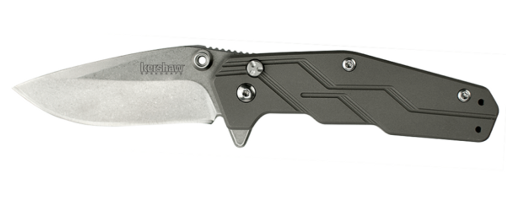 Kershaw Dimension assisted opening folding knife with flipper tab and thumb stud - shown open presentation side.  Stonewashed 8Cr13MoV stainless steel plain edge blade.  Titanium handle.  Model 3810.
For reference only.