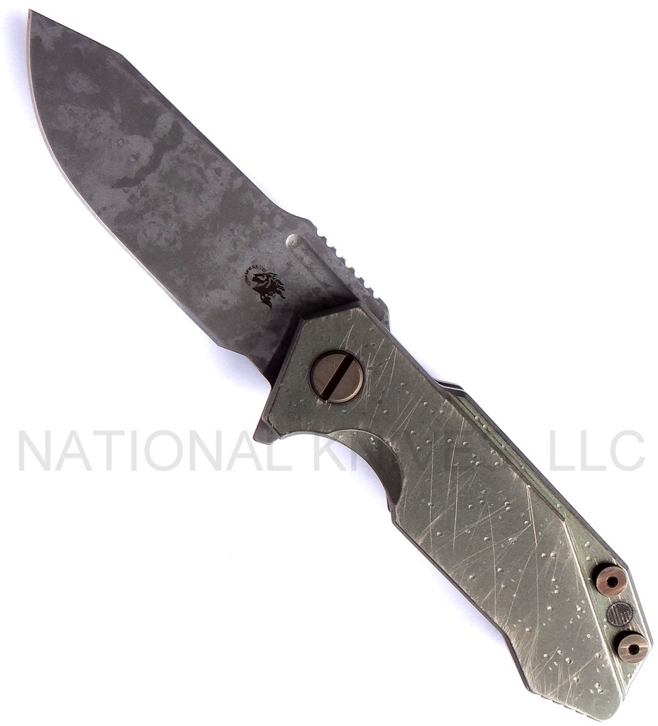 Rick Hinderer Knives Battle Field Pickup Half Track folding knife with flipper tab - shown open presentation side.  S35VN stainless steel plain edge blade.  Smooth titanium handle.  Model K20090SPBF.
For reference only.