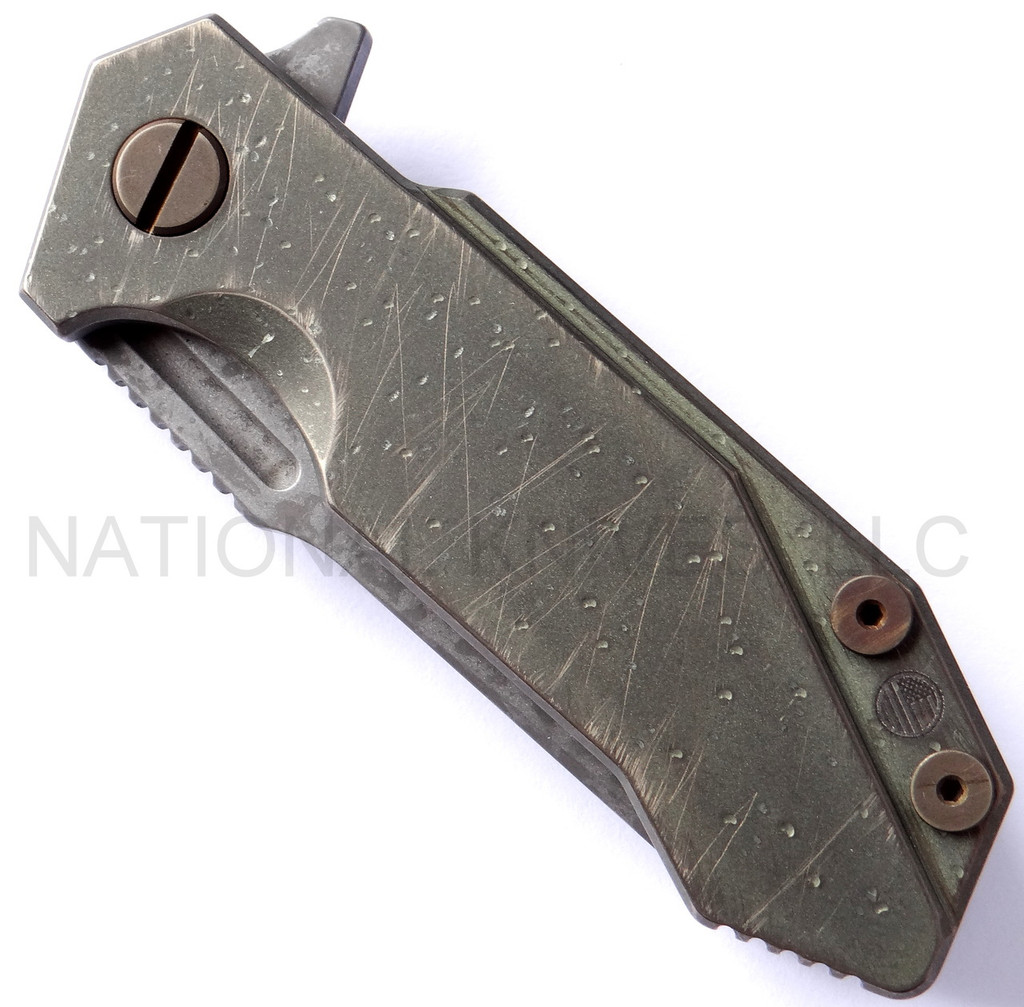 Rick Hinderer Knives Battle Field Pickup Half Track folding knife with flipper tab - shown closed presentation side.  S35VN stainless steel plain edge blade.  Smooth titanium handle.  Model K20090SPBF.
For reference only.