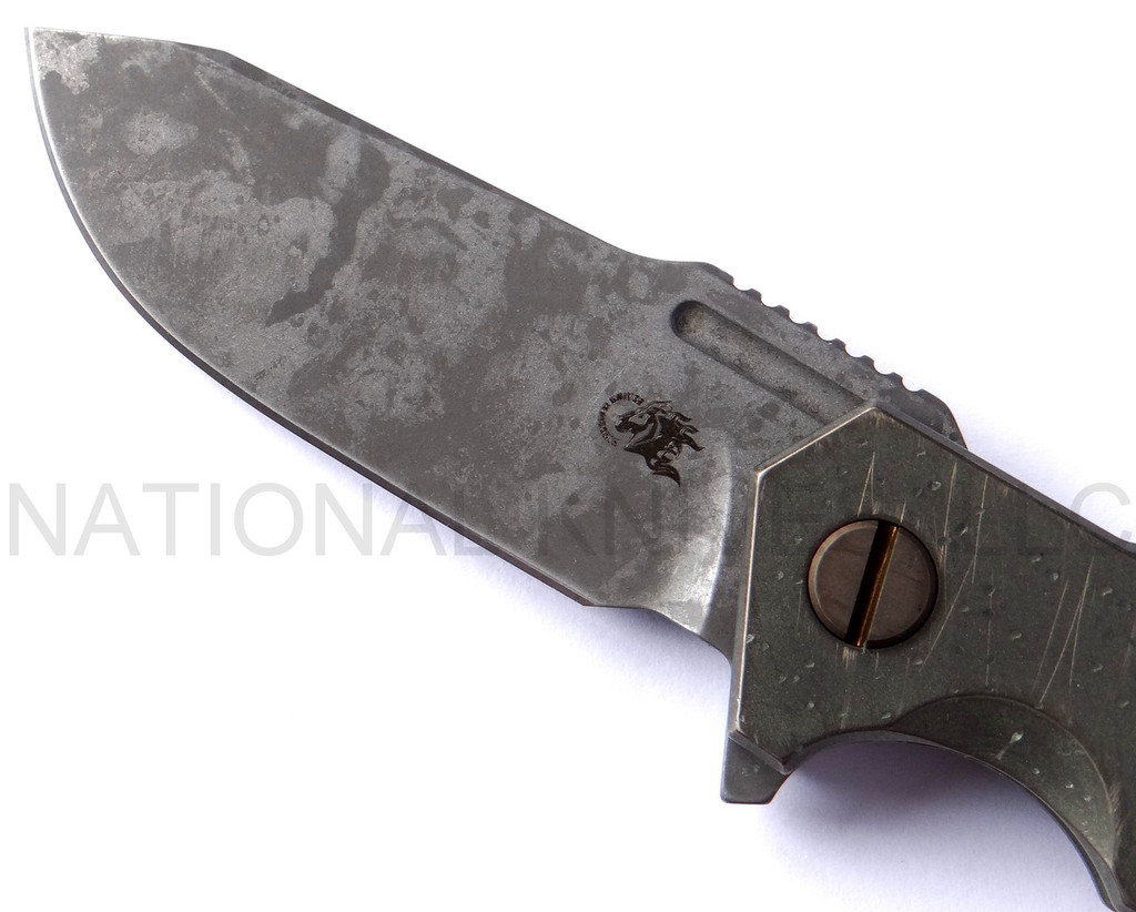 Rick Hinderer Knives Battle Field Pickup Half Track folding knife with flipper tab - close up of presentation side blade.  S35VN stainless steel plain edge blade.  Smooth titanium handle.  Model K20090SPBF.
For reference only.