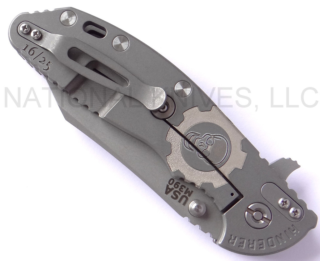 Rick Hinderer Knives Gearhead XM-24 Wharncliffe folding knife with thumb stud and flipper tab - shown closed lock side.  Working Finish M390 stainless steel plain edge blade.  FDE G-10 handle with Working Finish lock side.  Model K3023SGW00.
For reference only.