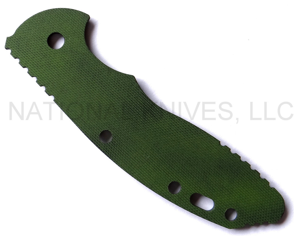 Rick Hinderer Knives 3.5" XM-18 "Bolstered" G-10 handle scale - reverse shown.  Toxic Green and Black in color.
For reference only.