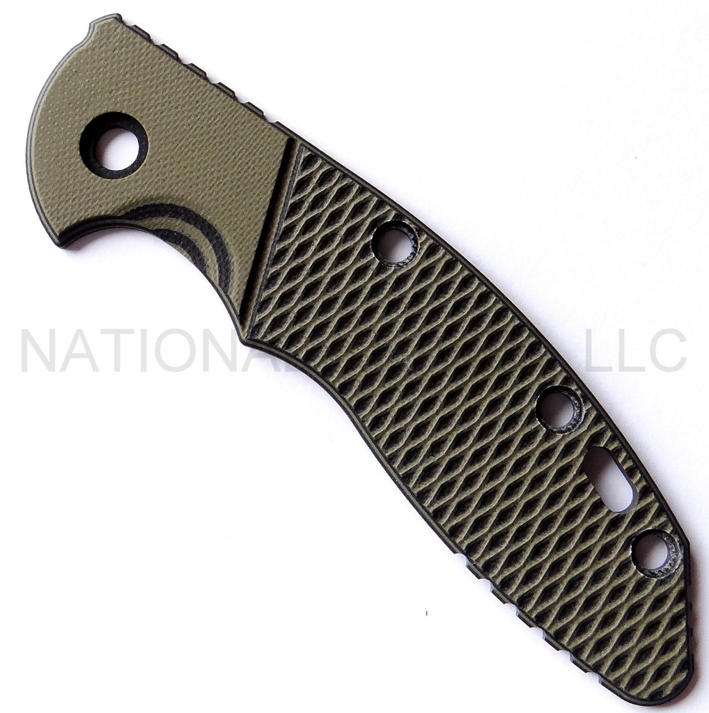 Rick Hinderer Knives 3.5" XM-18 "Bolstered" G-10 handle scale - obverse shown.  OD Green - Black in color.
For reference only.