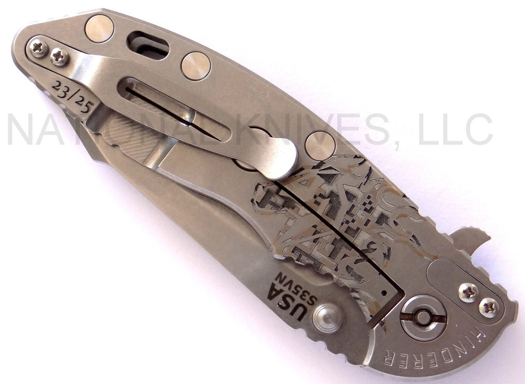 Rick Hinderer Knives Horse Head Logo Fatty XM-18 3.5" Harpoon Tanto folding knife with thumb stud and flipper tab - shown closed lock side.  Stonewash S35VN stainless steel plain edge blade.  Black G-10 handle with stonewash lock side.  Model K2506SGS00.
For reference only.