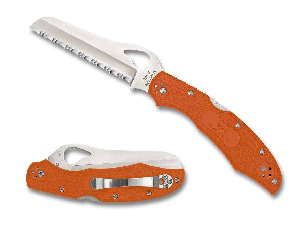 Byrd Knives Cara Cara 2 Rescue folding knife with thumb slot - shown both open presentation side and closed pocket clip side.  Satin 8Cr13MoV stainless steel serrated edge blade.  Orange G-10 handle.  Model BY17SOR2.
