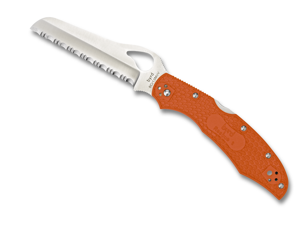 Byrd Knives Cara Cara 2 Rescue folding knife with thumb slot - shown open presentation side.  Satin 8Cr13MoV stainless steel serrated edge blade.  Orange G-10 handle.  Model BY17SOR2.
