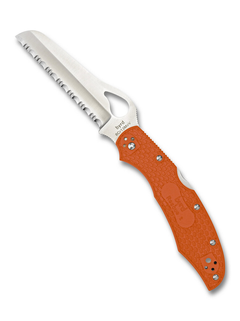 Byrd Knives Cara Cara 2 Rescue folding knife with thumb slot - shown open presentation side.  Satin 8Cr13MoV stainless steel serrated edge blade.  Orange G-10 handle.  Model BY17SOR2.