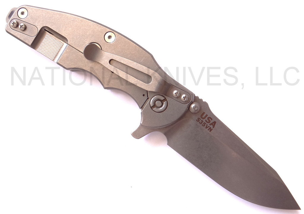 REFERENCE ONLY - Rick Hinderer Knives Jurassic Spear Point Folding Knife, Stonewashed 3.25" Plain Edge S35VN Blade. Stonewashed Lock Side, Blue - Black G-10 Handle