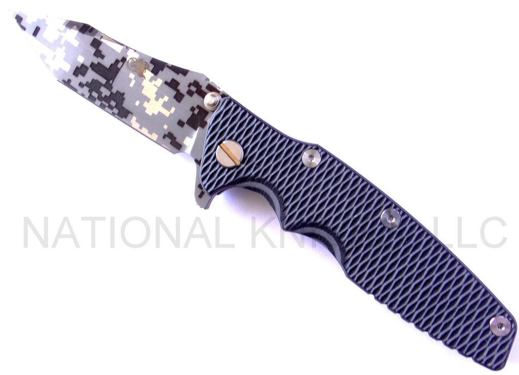 Rick Hinderer Knives Digi Camo Edition Eklipse Harpoon Tanto folding knife with thumb stud and flipper tab - shown open presentation side.  Working Finish 20CV stainless steel plain edge blade.  Grey - black G-10 handle with Working Finish lock side.  Model K40042S000.
For reference only.