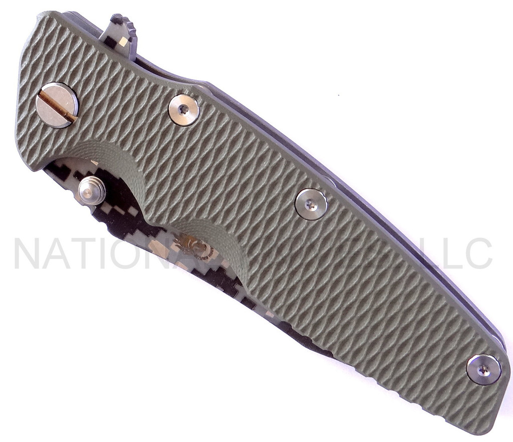 REFERENCE ONLY - Rick Hinderer Knives Generation 2 Eklipse Harpoon Tanto Folding Knife, Digital Camo/Working Finish 3 5/8" Plain Edge CPM-20CV Blade, Digital Camo/FACTORY Battle Bronze Finish Lock Side, Olive Drab G-10 Handle