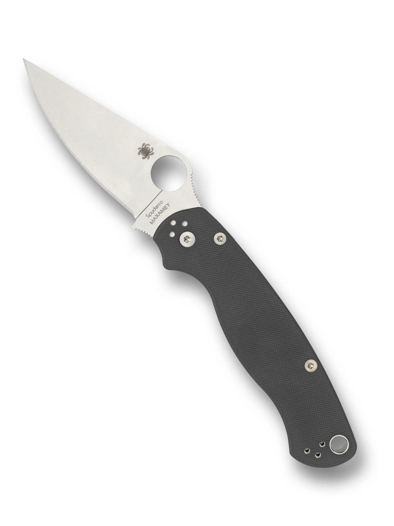 Spyderco Paramilitary 2 folding knife with thumb hole - shown open presentation side.  Stonewash Maxamet steel plain edge blade.  Dark Gray G-10 handle.  Model C81GPDGY2.