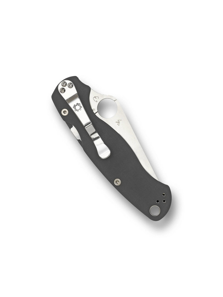 Spyderco Paramilitary 2 folding knife with thumb hole - shown closed pocket clip side.  Stonewash Maxamet steel plain edge blade.  Dark Gray G-10 handle.  Model C81GPDGY2.