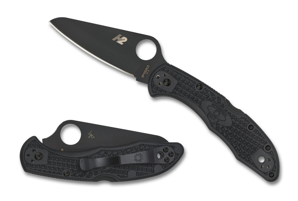 Spyderco Salt 2 folding knife with thumb hole - shown open presentation side and closed pocket clip side.  Black H-2 stainless steel plain edge blade.  Black FRN handle. Model C88PBBK2.
