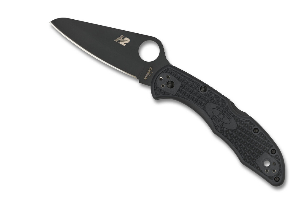 Spyderco Salt 2 folding knife with thumb hole - shown open presentation side.  Black H-2 stainless steel plain edge blade.  Black FRN handle. Model C88PBBK2.
