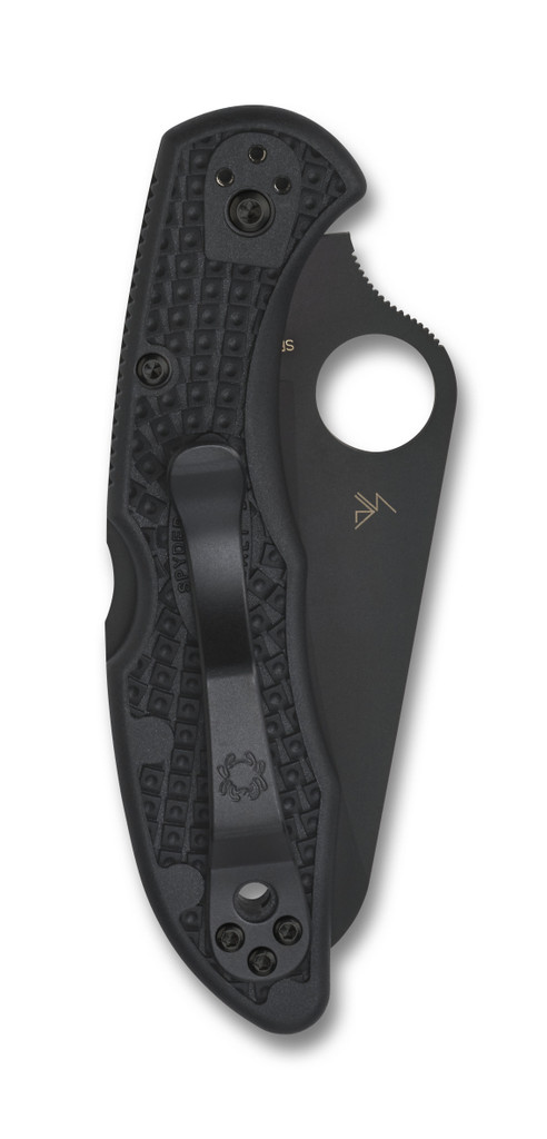 Spyderco Salt 2 folding knife with thumb hole - shown closed pocket clip side.  Black H-2 stainless steel plain edge blade.  Black FRN handle. Model C88PBBK2.
