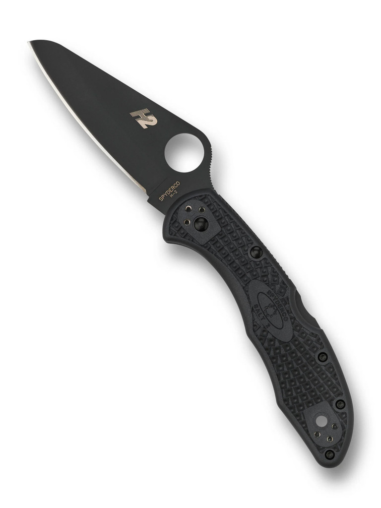 Spyderco Salt 2 folding knife with thumb hole - shown open presentation side.  Black H-2 stainless steel plain edge blade.  Black FRN handle. Model C88PBBK2.