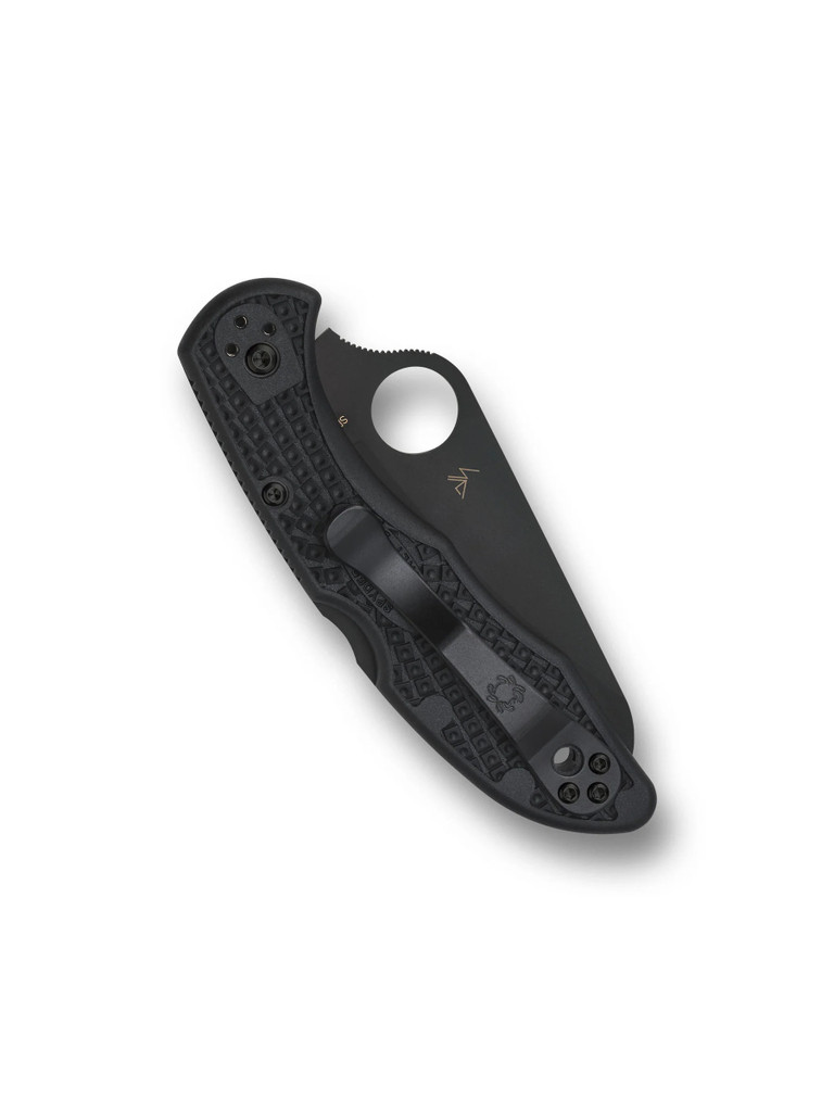 Spyderco Salt 2 folding knife with thumb hole - shown closed pocket clip side.  Black H-2 stainless steel plain edge blade.  Black FRN handle. Model C88PBBK2.