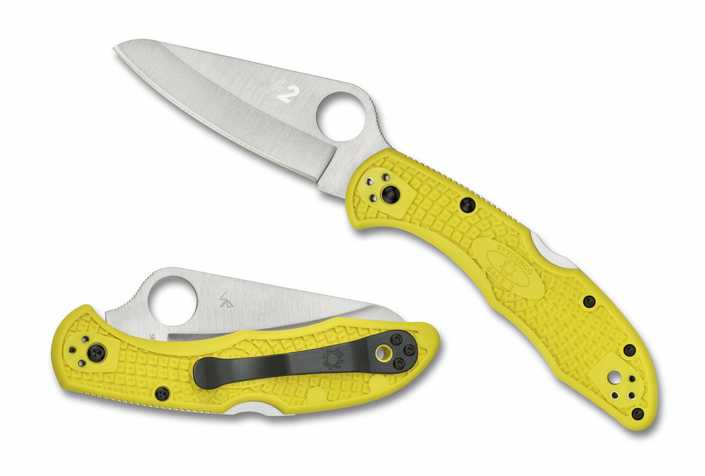 Spyderco Salt 2 folding knife with thumb hole - shown open presentation side and closed pocket clip side.  Satin H-2 stainless steel plain edge blade.  Yellow FRN handle. Model C88PYL2.
