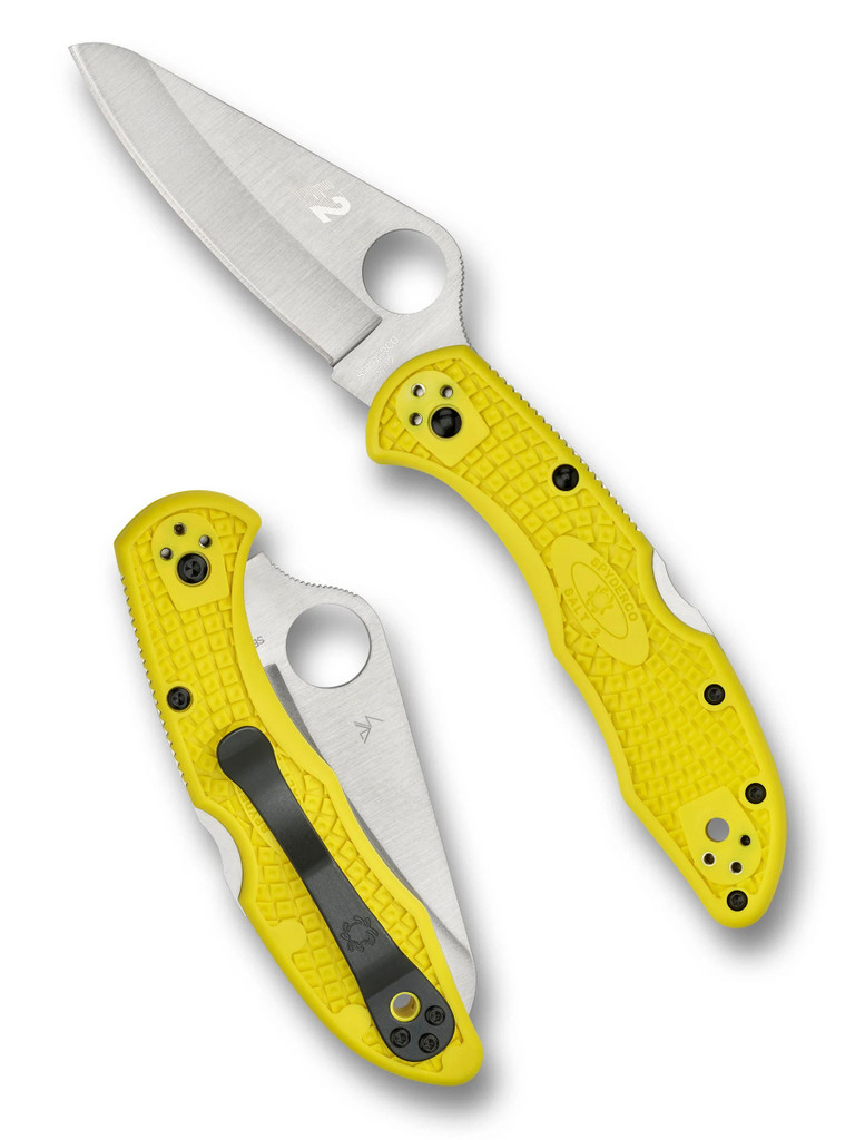 Spyderco Salt 2 folding knife with thumb hole - shown open presentation side and closed pocket clip side.  Satin H-2 stainless steel plain edge blade.  Yellow FRN handle. Model C88PYL2.