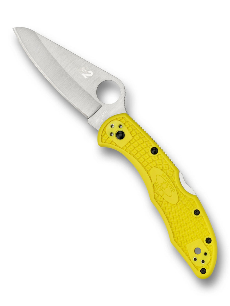 Spyderco Salt 2 folding knife with thumb hole - shown open presentation side.  Satin H-2 stainless steel plain edge blade.  Yellow FRN handle. Model C88PYL2.