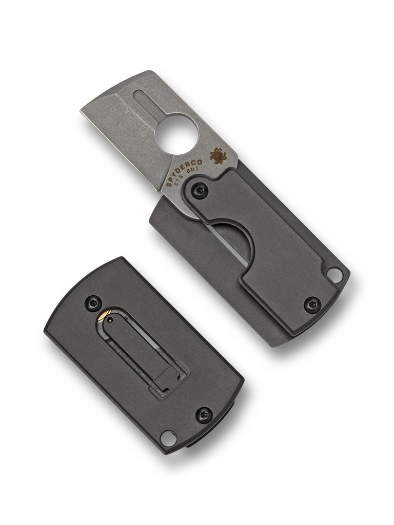 Spyderco Dog Tag Folder Gen4 folding knife with thumb hole - shown open obverse and closed reverse.  Gray CTS-BD1 stainless steel plain edge blade.  Black aluminum handle.  Model C188ALP.
