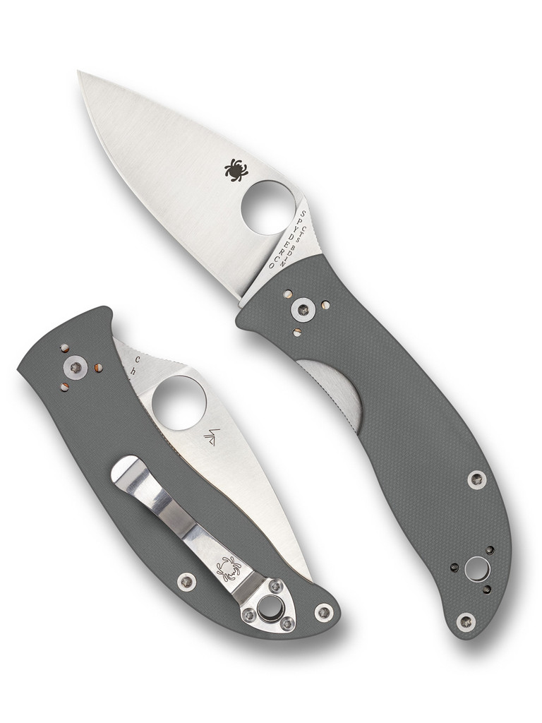 Spyderco Alcyone folding knife with thumb hole - shown open presentation side and closed pocket clip side.  Satin CTS-BD1N stainless steel plain edge blade.  Gray G-10 handle.  Model C222GPGY.
