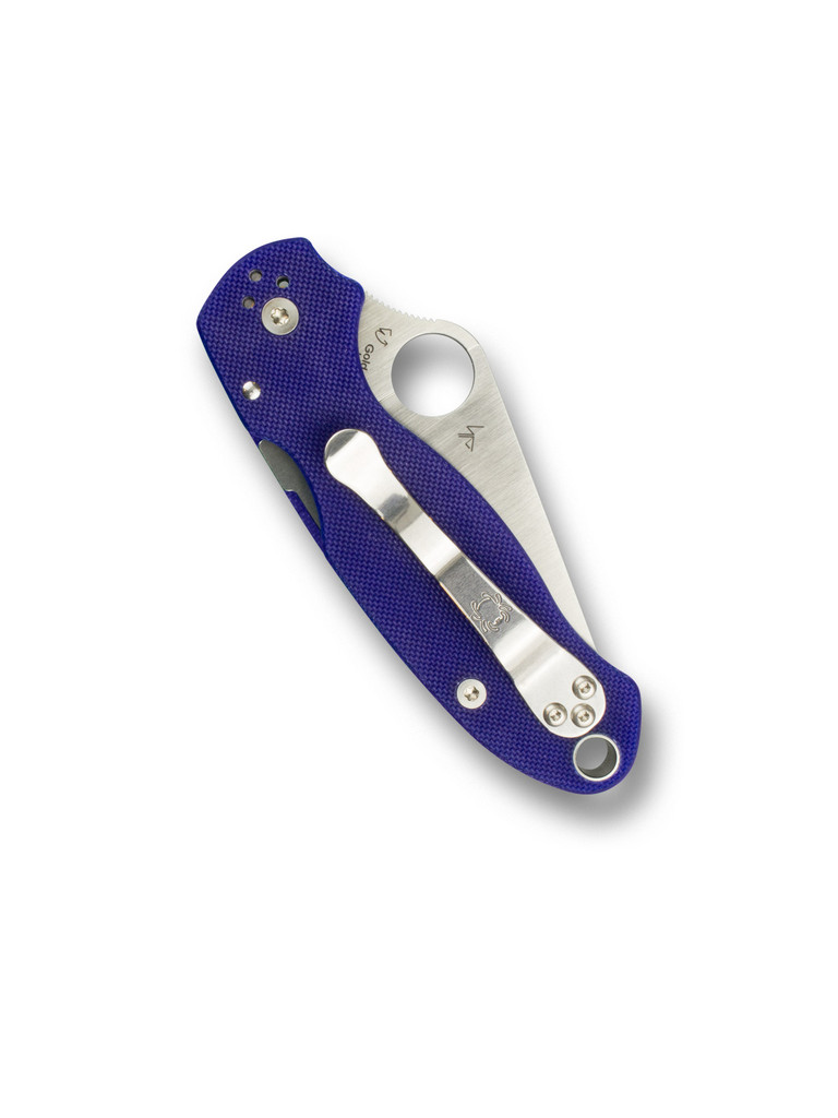 Spyderco Para 3 folding knife with thumb hole - shown closed pocket clip side.  Satin S110V stainless steel plain edge blade.  Dark Blue G-10 handle.  Model C223GPDBL.