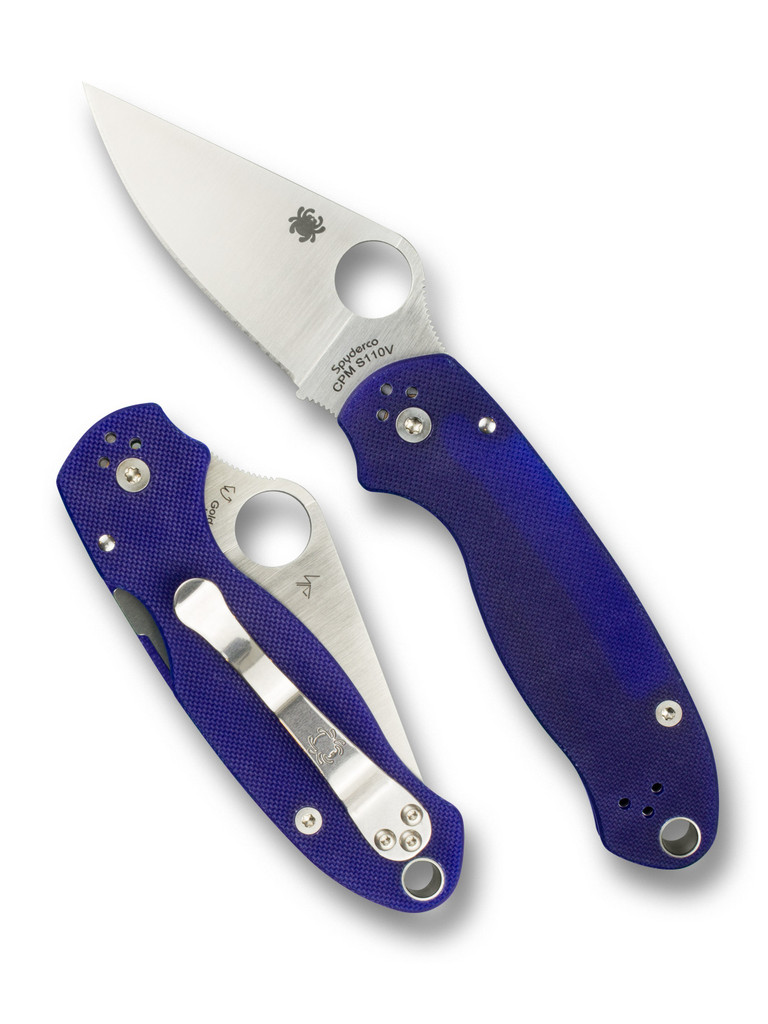 Spyderco Para 3 folding knife with thumb hole - shown open presentation side and closed pocket clip side.  Satin S110V stainless steel plain edge blade.  Dark Blue G-10 handle.  Model C223GPDBL.