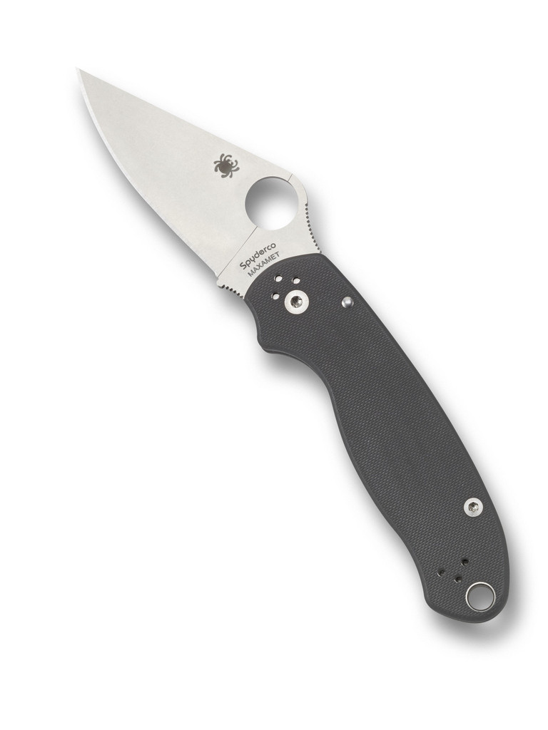 Spyderco Para 3 folding knife with thumb hole - shown open presentation side.  Stonewash Maxamet steel plain edge blade.  Gray G-10 handle.  Model C223GPDGY.