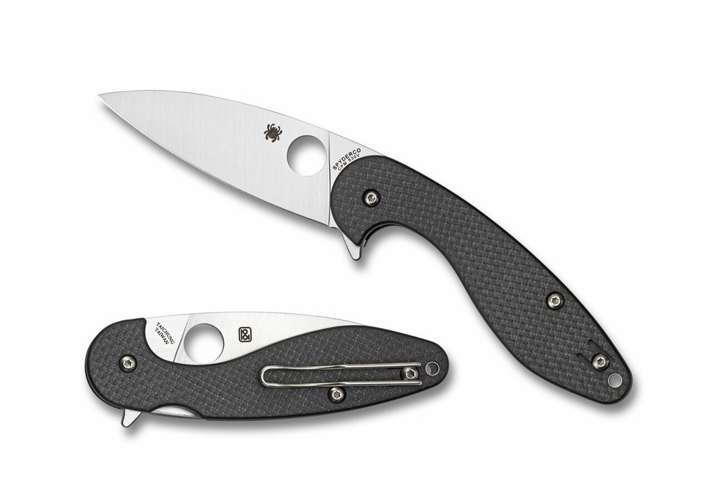 Spyderco Sliverax folding knife with blade hole and flipper tab - shown open presentation side and closed pocket clip side.  Satin S30V stainless steel plain edge blade.  Black carbon fiber and G-10 laminate handle.  Model C228CFP.
For reference only.