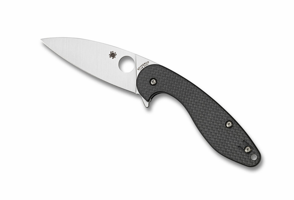 Spyderco Sliverax folding knife with blade hole and flipper tab - shown open presentation side.  Satin S30V stainless steel plain edge blade.  Black carbon fiber and G-10 laminate handle.  Model C228CFP.
For reference only.