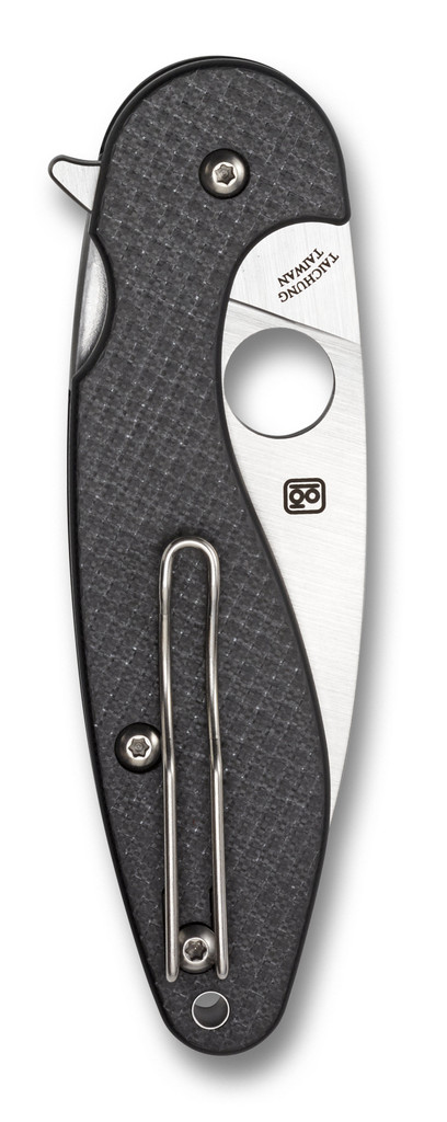 Spyderco Sliverax folding knife with blade hole and flipper tab - shown closed pocket clip side.  Satin S30V stainless steel plain edge blade.  Black carbon fiber and G-10 laminate handle.  Model C228CFP.
For reference only.