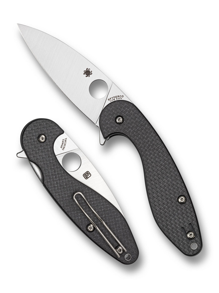 Spyderco Sliverax folding knife with blade hole and flipper tab - shown open presentation side and closed pocket clip side.  Satin S30V stainless steel plain edge blade.  Black carbon fiber and G-10 laminate handle.  Model C228CFP.
For reference only.