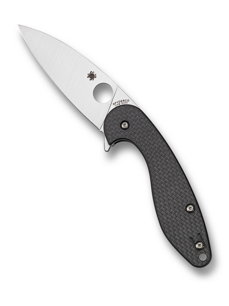 Spyderco Sliverax folding knife with blade hole and flipper tab - shown open presentation side.  Satin S30V stainless steel plain edge blade.  Black carbon fiber and G-10 laminate handle.  Model C228CFP.
For reference only.