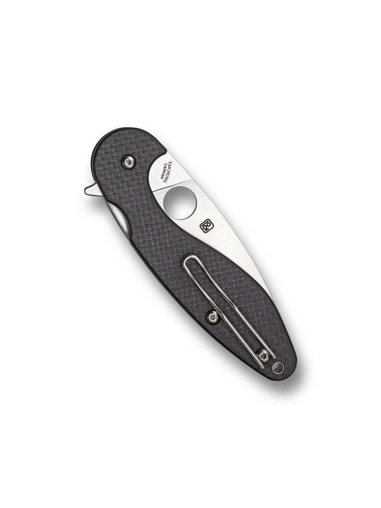 Spyderco Sliverax folding knife with blade hole and flipper tab - shown closed pocket clip side.  Satin S30V stainless steel plain edge blade.  Black carbon fiber and G-10 laminate handle.  Model C228CFP.
For reference only.