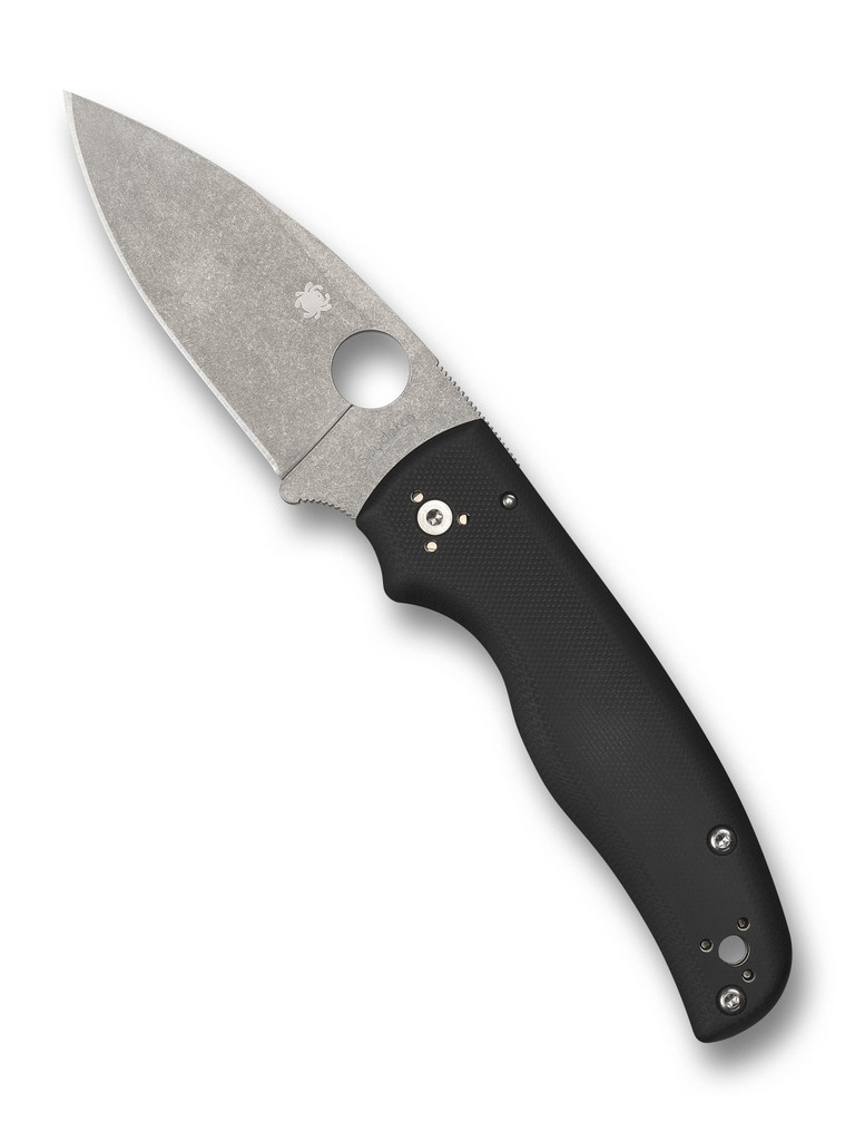 Spyderco Shaman folding knife with thumb hole - shown open presentation side.  Stonewash S30V stainless steel plain edge blade.  Black G-10 handle.  Model C229GP.