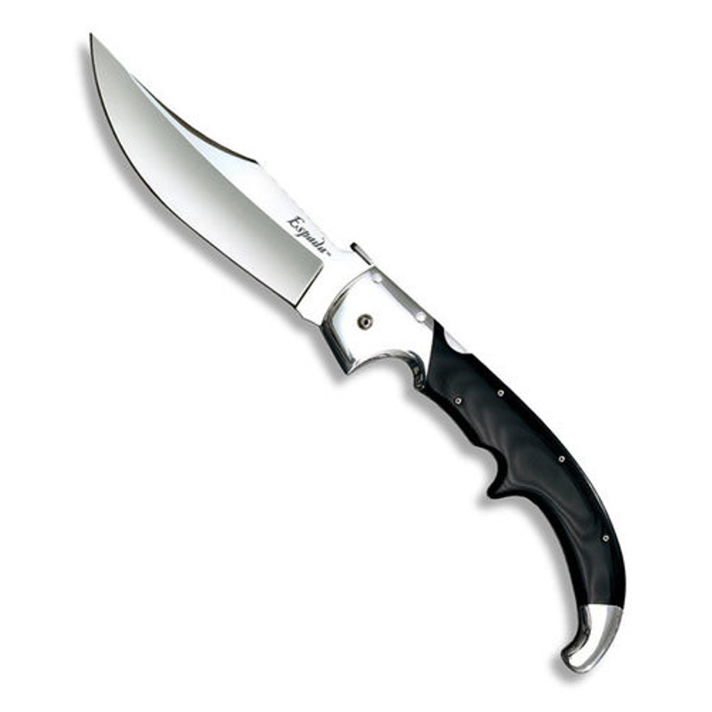 Cold Steel Espada Extra Large folding knife with thumb disk - shown open presentation side.  Satin AUS-8A stainless steel plain edge blade.  Aluminum handle with black G-10.  Model 62NX.
For reference only.