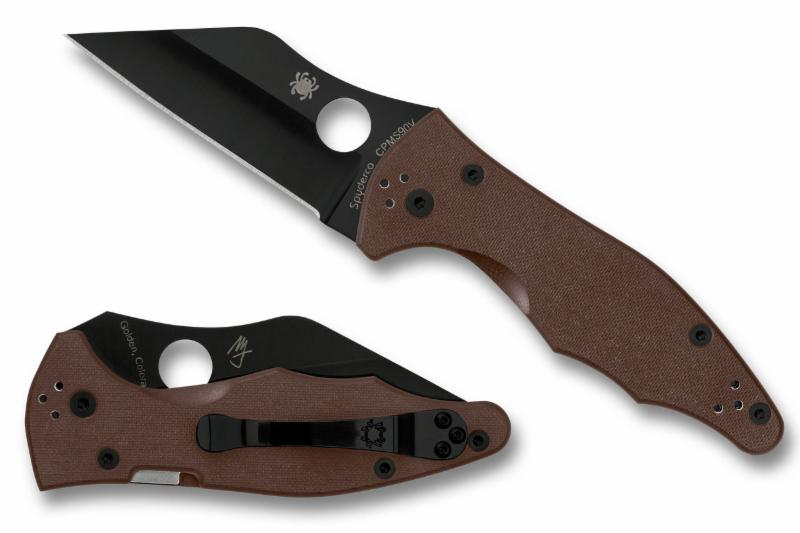 Spyderco Yojimbo 2 JB Outman folding knife with thumb hole - shown open presentation side and closed pocket clip side.  Black S90V stainless steel plain edge blade.  Brown G-10 handle. Model C85GPBNBK2.
For reference only.