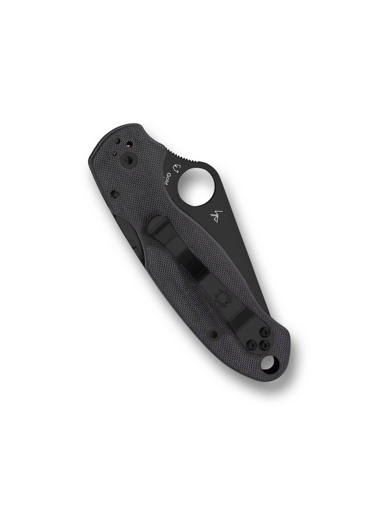 Spyderco Para 3 folding knife with thumb hole - shown closed pocket clip side.  Black S45VN stainless steel plain edge blade. Black G-10 handle.  Model C223GPBK.