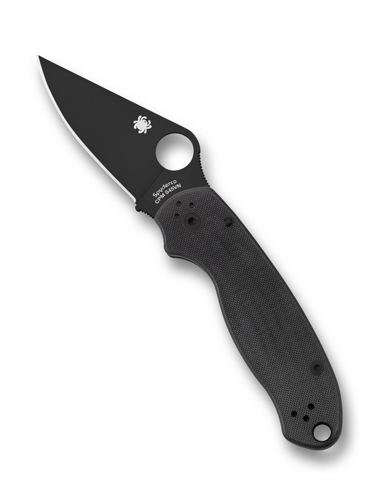 Spyderco Para 3 folding knife with thumb hole - shown open presentation side.  Black S45VN stainless steel plain edge blade. Black G-10 handle.  Model C223GPBK.