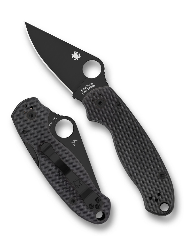 Spyderco Para 3 folding knife with thumb hole - shown open presentation side and closed pocket clip side.  Black S45VN stainless steel plain edge blade. Black G-10 handle.  Model C223GPBK.