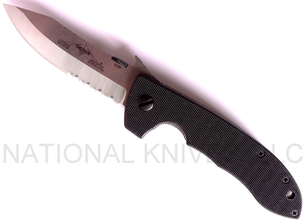 Emerson Knives Horseman SFS folding knife with thumb disk and Emerson Wave opener - shown open presentation side.  Satin 154CM stainless steel combo edge blade.  Black G-10 handle.  Model HRSM-SFS.